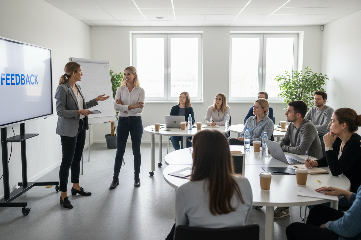 Twee vrouwen geven een presentatie over feedback aan een groep collega's in een lichte vergaderruimte.