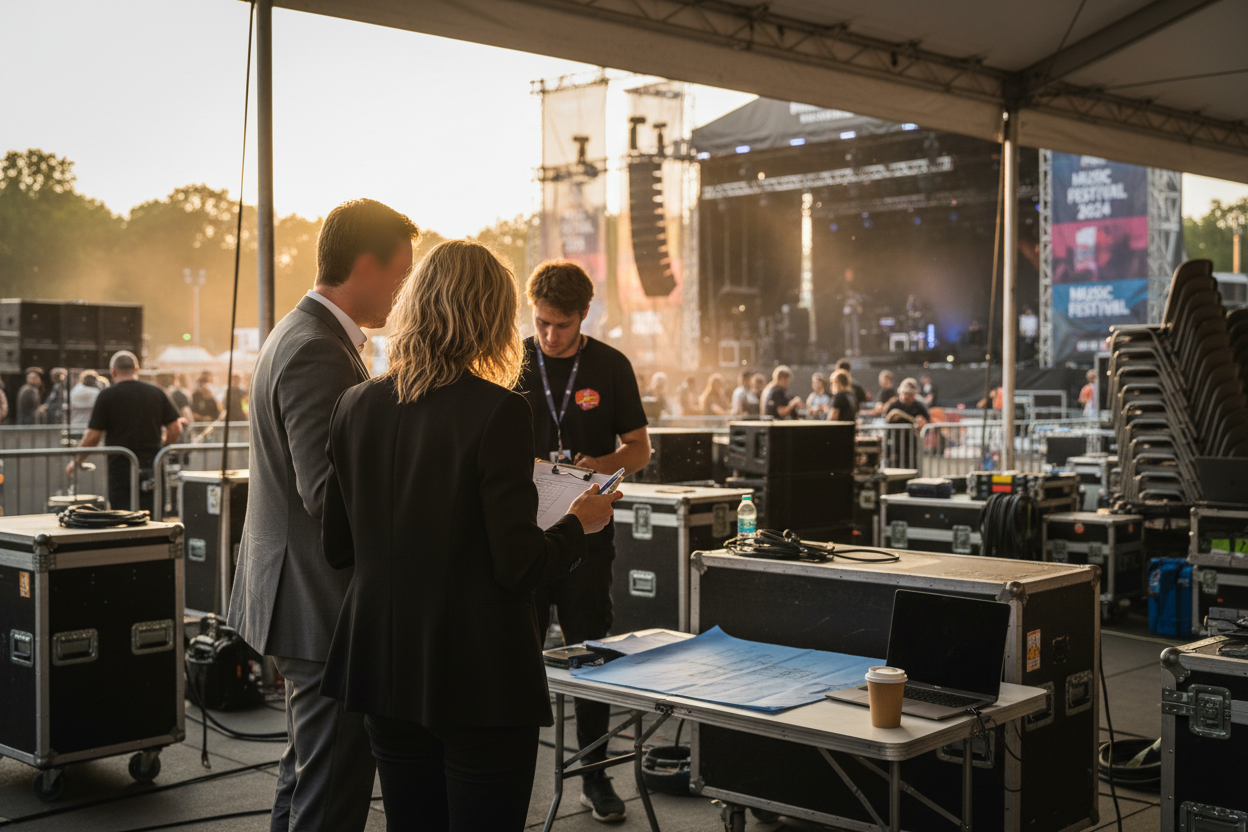 Drie mensen overleggen bij een tafel met documenten en een laptop op een festivalterrein voor een podium.